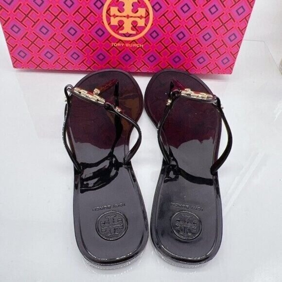 Tory Burch Mini Miller Womens Thong Flat Sandal Black Rubber Gold Logo US 7 - Picture 7 of 9